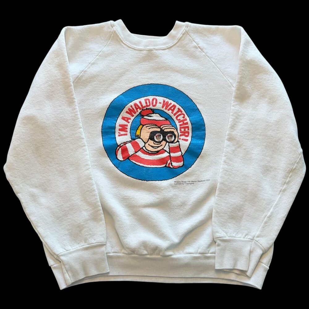 Vintage Fruit Of The Loom Sweatshirt Mens Large White Where's Waldo 90s USA